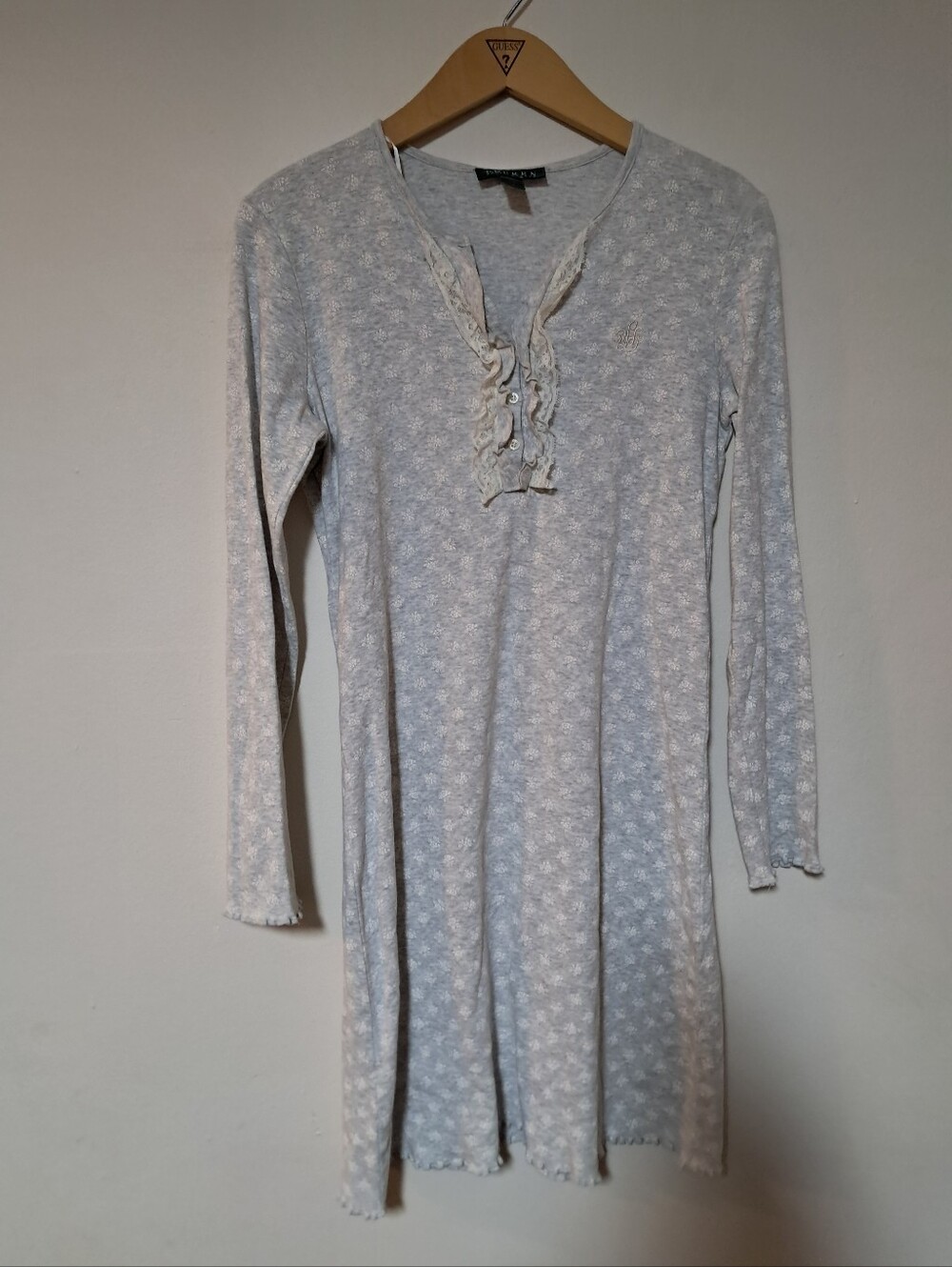 Lauren Ralph Lauren Gray Floral Cotton Knit Ruffle Sleep Night Shirt Sz. S
